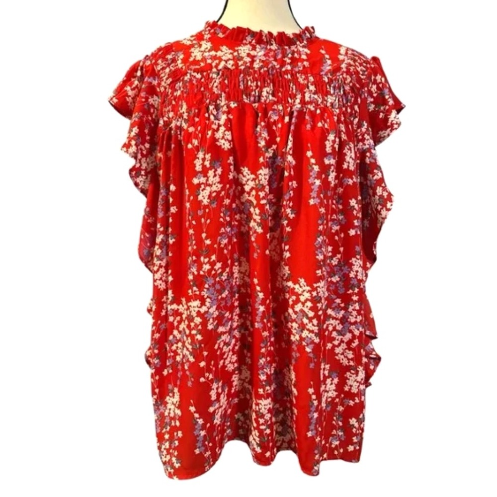DOKOTOO Super Sweet RED FLORAL TOP BLOUSE Poet Peasant RUFFLE SMOCKED Drapey M